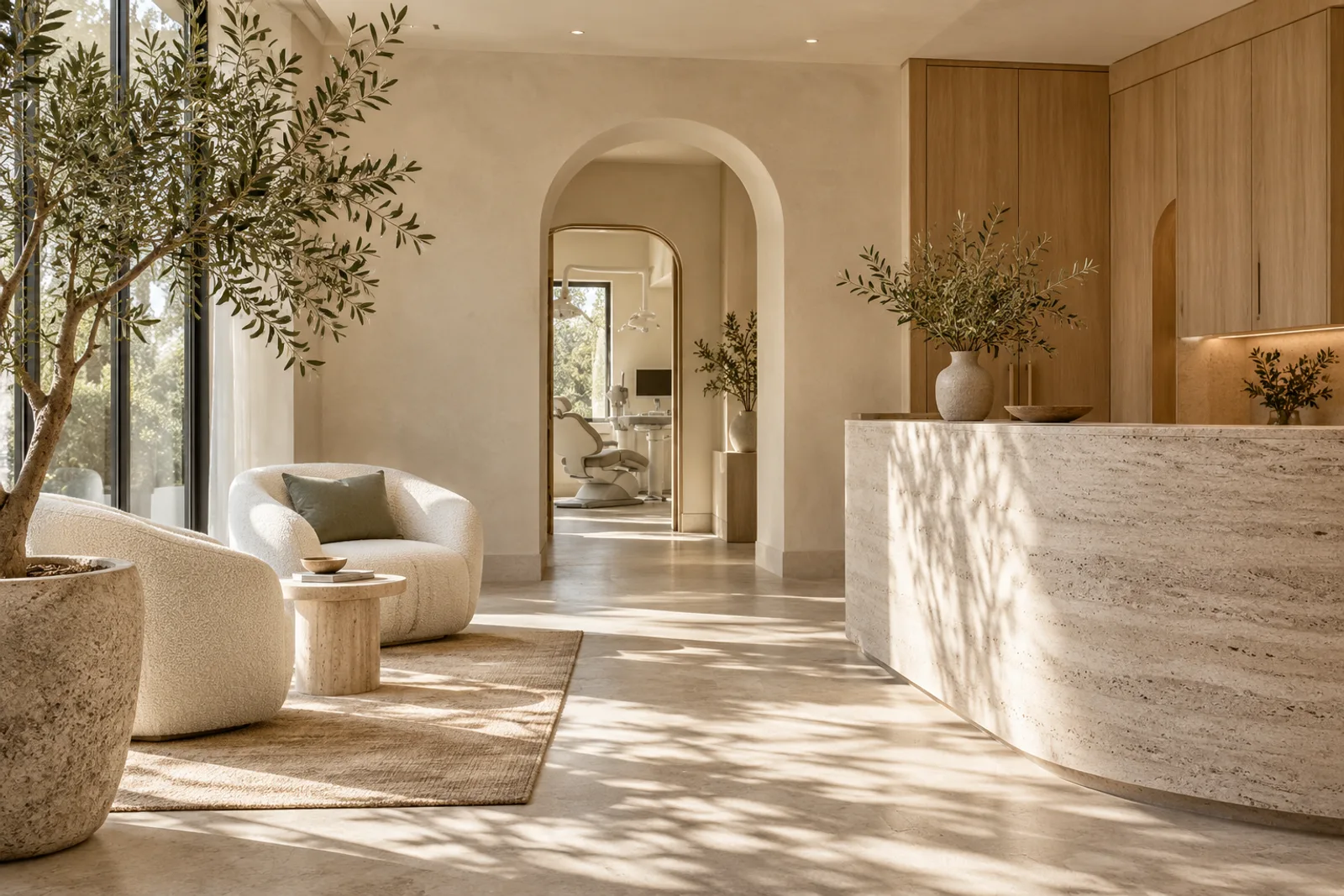 Concept dental reception with a curved stone desk, oak finishes, and afternoon light