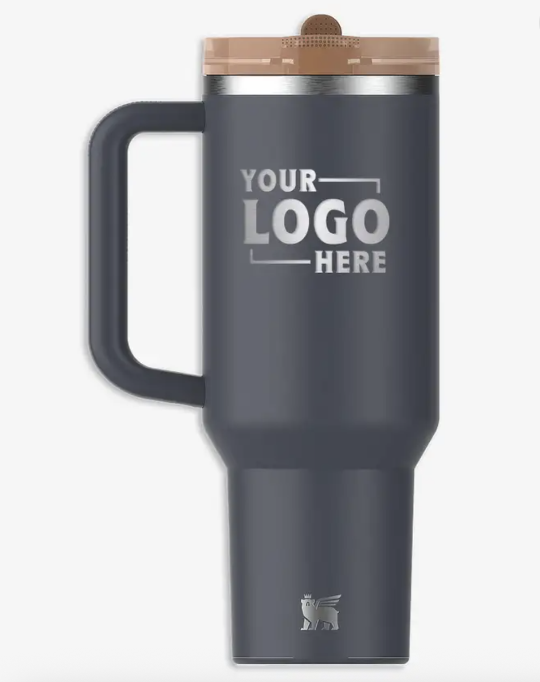 Dark gray handled tumbler with a tan lid and Your Logo Here engraving mockup